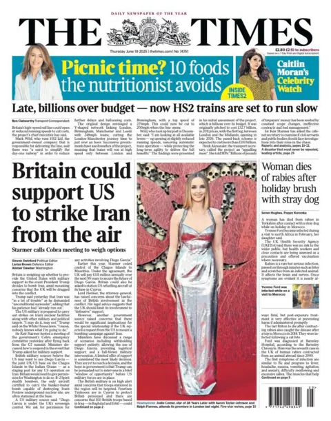 The headline on the front page of the Times reads: "Britain could support US to strike Iran from the air".