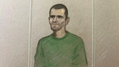 Met Police officer gives evidence Julia Quenzler Court sketch of Marcus Monzo, who is wearing a green jumper