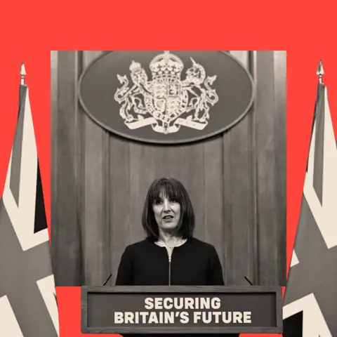 Spending Review: Massive cheques from chancellor for some BBC A treated image of Rachel Reeves standing on a podium that reads: "Securing Britain's Future"