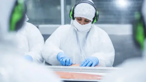 Chile's salmon farms hope for calmer waters A salmon processing worker at Multi X's facility in the Chilean city of Puerto Montt