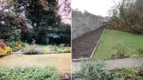 'The Heads of the Valleys road swallowed part of my garden' John Watkeys John Watkey's garden before and after he lost part of it to the new Heads of the Valleys upgrade. On the left two lawns can be seen separated by flowerbeds full of plants, while in the new picture a large stone wall can be seen on the left hand side of a triangular lawn with a large empty flower bed full of soil.