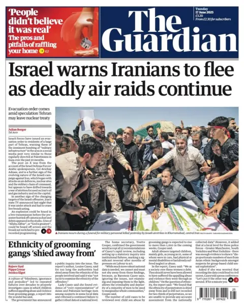 The headline on the front page of the Guardian reads: "Israel warns Iranians to flee as deadly air raids continue".
