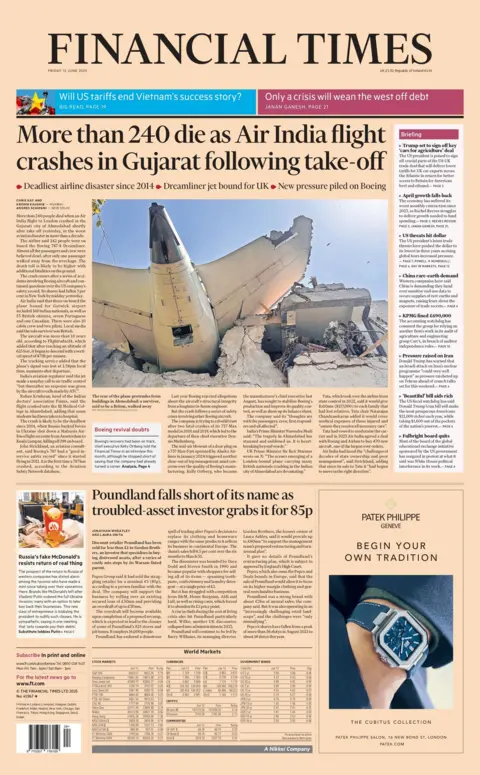 The headline on the front page of the Financial Times newspaper reads: "More than 240 dies as Air India flight crashes in Gujarat following take-off". 