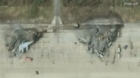 Satellite images showing destroyed planes on the runway in Olenya, a major Russian airbase in the country's north-west. 