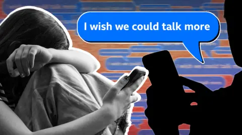 Is surveillance culture fuelling child cyberstalking? James Felgate / BBC Young girl holds a phone with her head in her hands as she reads an animated message that reads 'I wish we could talk more'.