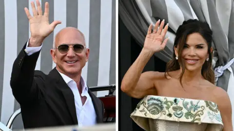 Getty Images A composite image of Jeff Bezos and Lauren Sanchez waving. Jeff is wearing a black suit and a white shirt. Lauren is wearing a dress with silver and floral details. 