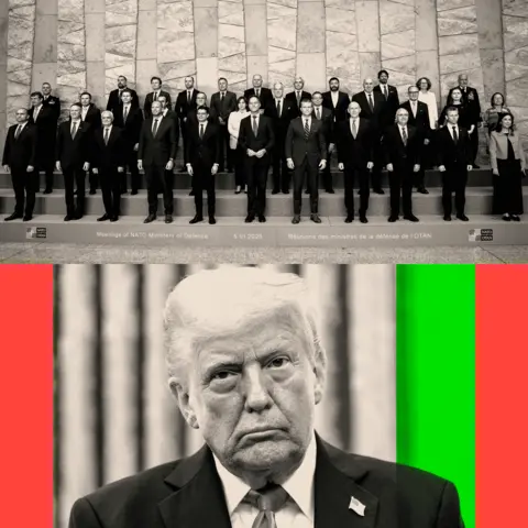 Could this be the most significant Nato since the Cold War? BBC Treated photo of Donald Trump below a treated photo of European leaders.