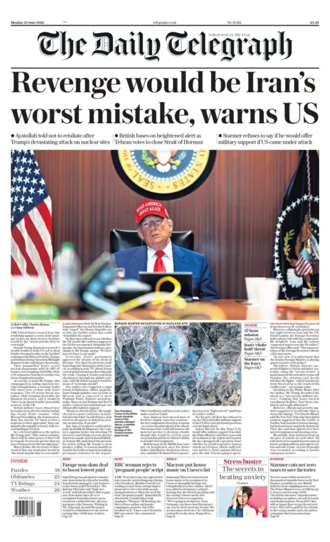 The headline on the front page of the Daily Telegraph reads: "Revenge would be Iran's worst mistake, warns US"