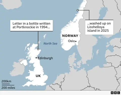 Moray schoolgirl's message in a bottle gets reply from Norway 31 years later Map showing Portknockie in UK, and Norway, with the North Sea in between.