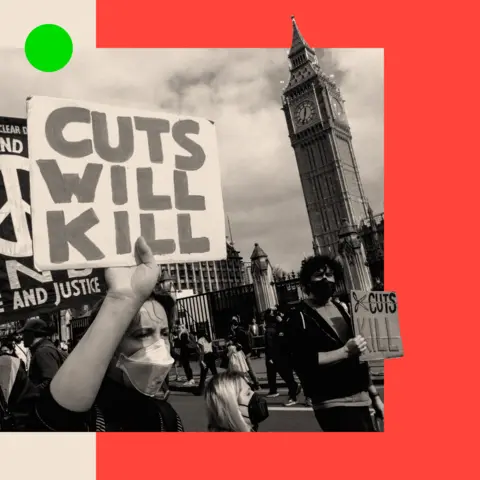 Benefits U-turn raises questions about Labour's long-term plan BBC A treated image of disabled activists protesting outside Parliament. One holds a sign that reads 'Cuts will kill'."
