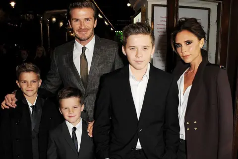 Can the Beckham brand survive reports of family feud? Getty Images Brooklyn (front centre) dressed in a blazer as a young teen, posing with his family at a gala performance of Spice Girls musical Viva Forever