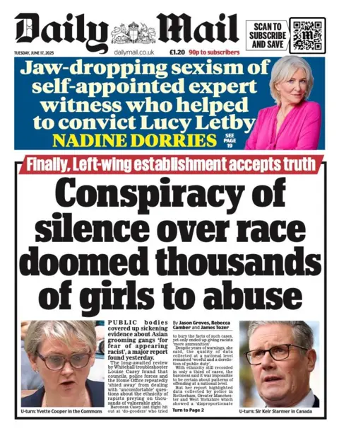 The headline on the front page of the Daily Mail reads: "Conspiracy of silence over race doomed thousands of girls to abuse".
