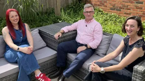 Young people in the East of England struggle to buy a first home Nic Rigby/BBC Would-be house hunter Lauren Pinch, Spencer Burrell of Big Sky Living - the developer of the estate at Cringleford, and businesswoman CJ Green discussing housing issues as part of BBC Politics East special programme