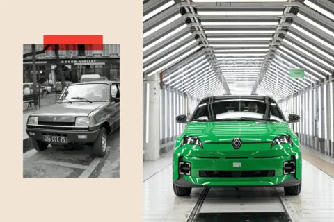 China's electric cars are cheaper, but is there a deeper cost? Getty Images and Renault Collage showing Renault 5 in Paris, 1978, on the left and the new Renault 5 E-Tech on the right