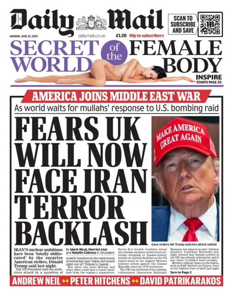 The headline on the front page of the Daily Mail reads: "Fears UK will now face Iran terror backlash"