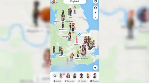 Is surveillance culture fuelling child cyberstalking? Screenshot of the Snapchat map zoomed out to show England dotted with bitmoji character users in different locations around the country.