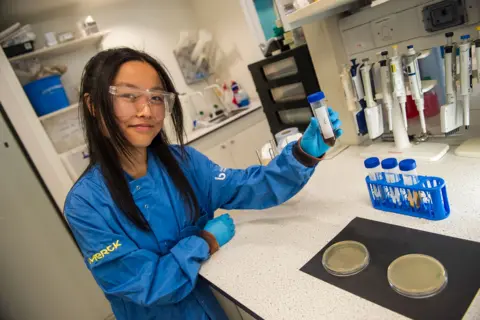 I found a bacteria-eating virus in my loo Scientist, Michelle Lin, in blue lab coat lifting a vial in a laboratory with petri dishes in front of her