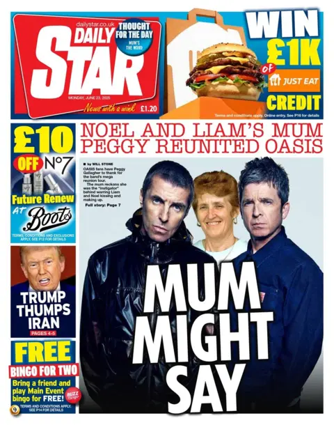 The headline on the front page of the Daily Star reads: "Noel and Liam's mum Peggy reunited Oasis"