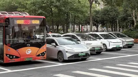 How China made electric vehicles mainstream Annabelle Liang A bus and four cars with green number plates stop at a pedestrian crossing in the Liede subdistrict in Guangzhou. The green number plates indicate that they are all electric vehicles.