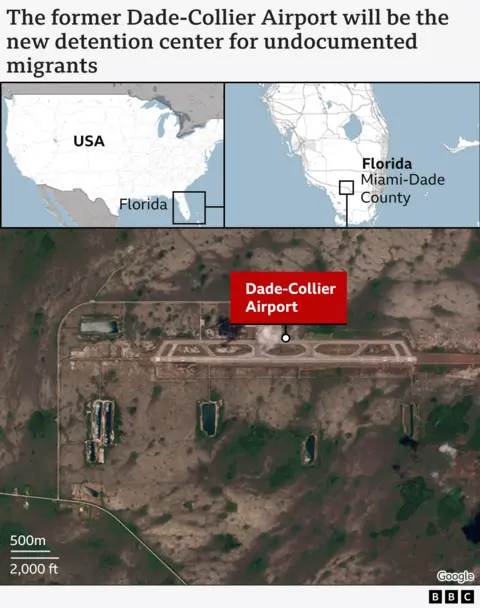 The abandoned Florida airport being turned into 'Alligator Alcatraz' Map shows two graphics showing maps of Florida and the US and then a surveillance picture of the Dade-Collier airport