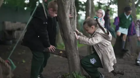 Ban 'no ball games' signs to get children off devices, play experts say Dan Nelson/BBC Two students are on a wooden seesaw in a wooded area with trees in the school playground.