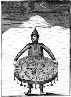 Scandinavia has its own dark history of assimilating Indigenous people, and churches played a role – but are apologizing A black-and-white illustration of a man in a hat, jacket and pointed shoes and holding a large drum with line drawings on it.