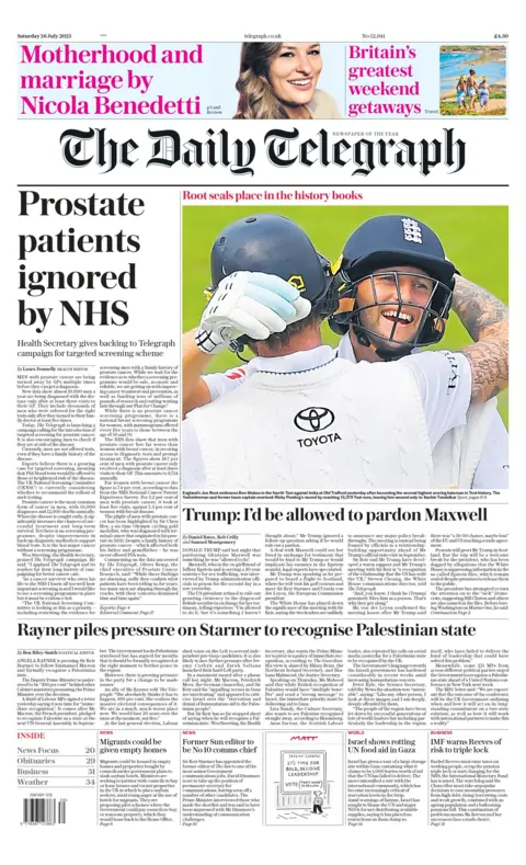 The main image on the Daily Telegraph front page is of English cricketer Joe Root embracing Ben Stokes in the fourth Test against India. Both are wearing helmets and white cricket uniforms. 