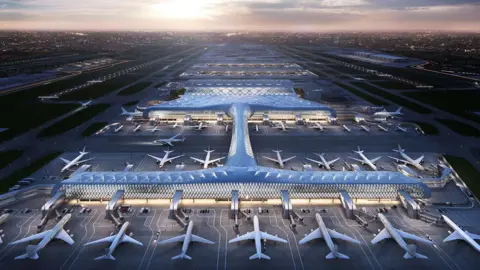 Hotel tycoon reveals Heathrow runway expansion proposal Arora Group A computer generated image of Heathrow West, a proposal to expand Heathrow Airport with a third runway.