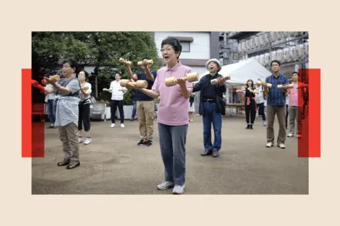 How Japan's far right was supercharged by Trump and tourists AFP via Getty Images Elderly people work out with wooden dumb-bells in the grounds of a temple in Tokyo
