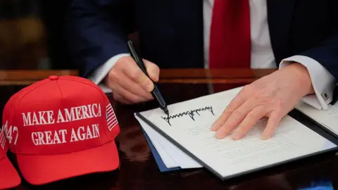 What are tariffs, how do they work and why is Trump using them? Getty Images US President Donald Trump signs an executive order in the Oval Office at the White House in Washington, DC on 23 April 2025. A red baseball hat embroidered with "Make America Great Again" in white thread sits to the left of the document, which shows Trump's distinctive signature
