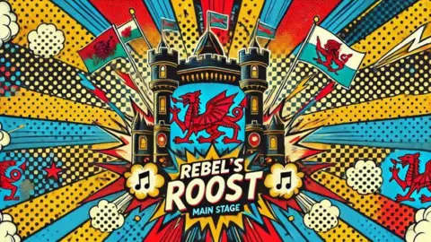'Fantasist' promised music stars for festival that never happened Monmouth Rising A Gen AI poster for one of the Monmouth Rising stages. It has a pop art-style yellow and blue striped background with a castle in the foreground and a red dragon. Under it are the words Rebel's Roost - Main Stage. The castle is surrounded by waving Welsh flags with various depictions of Welsh dragons that look incorrect.