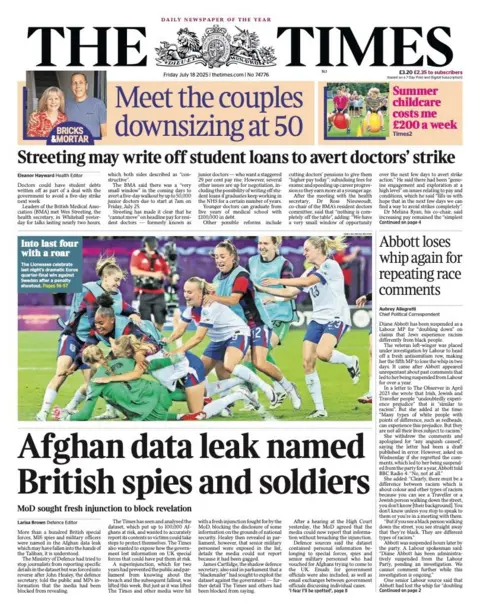 The headline on the front page of the Times reads: “Afghan data leak named British spies and soldiers”