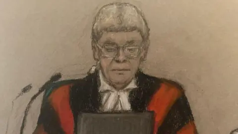 I've never seen a case like Constance Marten and Mark Gordon's Julia Quenzler Judge Mark Lucraft, who is wearing red and black judges robes, a white legal wig and glasses. He is looking at a tablet in front of him and there are two microphones to the side