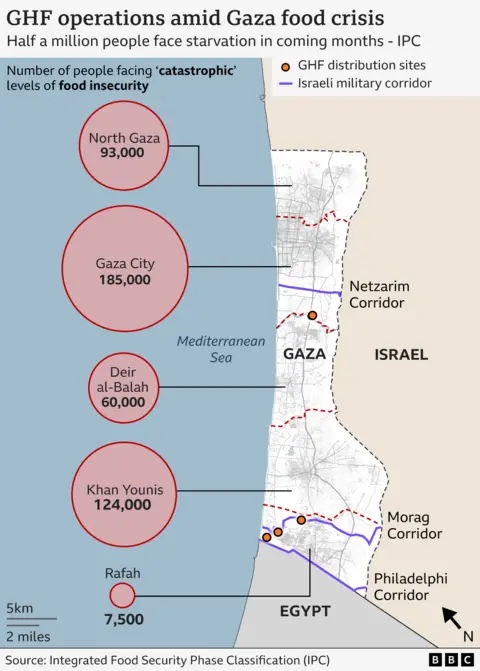 Dozens killed by Israeli gunfire near aid distribution sites, Hamas-run ministry says A map showing Gaza. Circles reading : North Gaza 93,00 : Gaza City 185,00 : Deir al-Balah 60,00 : Kahn Younis 124,000 and : Rafa 7,500 - show the number of people in each area facing the risk of starvation.