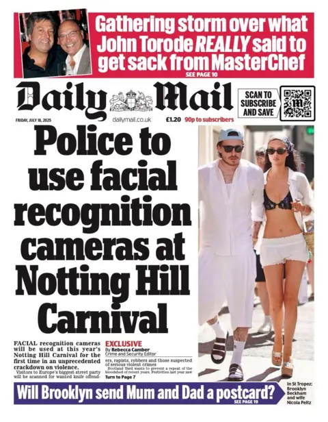 The headline on the front page of the Daily Mail reads: “Police to use facial recognition cameras at Notting Hill Carnival”