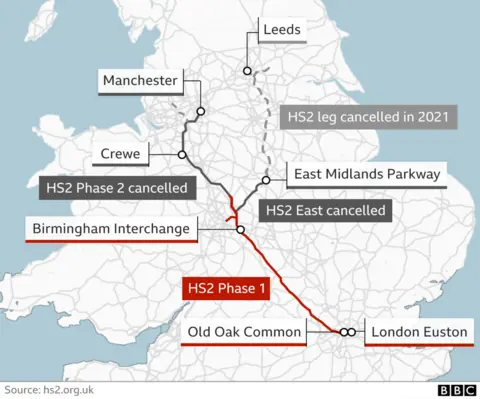 HS2 was doomed to be a mess, say insiders Graphic showing HS2 rail line and cancelled sections