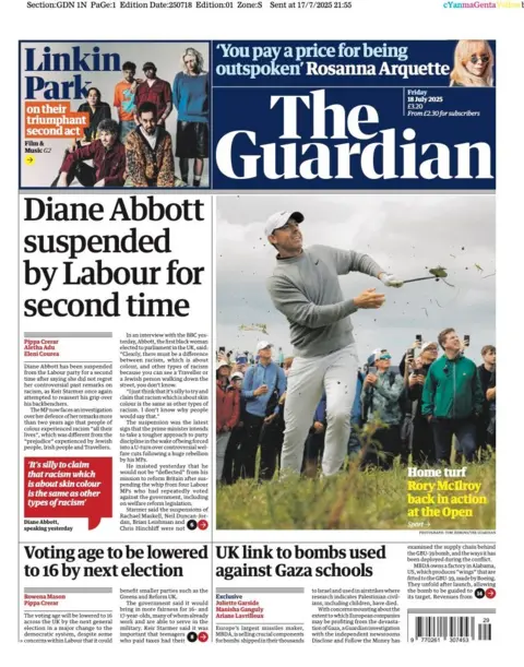 The headline on the front page of the Guardian reads: “Diane Abbott suspended by Labour for second time”