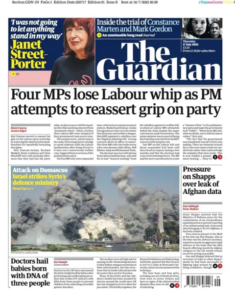 The headline on the front page of the Guardian reads: "Four MPs lose Labour whip as PM attempts to reassert grip on party"