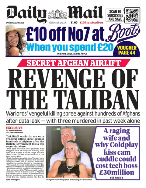 The front page headline of the Daily Mail reads: "Revenge of the Taliban".