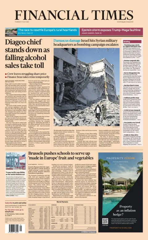The headline on the front page of the Financial Times reads: "Diageo chief stands down as alcohol takes its toll"
