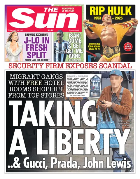 The headline on the front page of the Sun reads: "Taking a Liberty.. & Gucci, Prada, John Lewis".