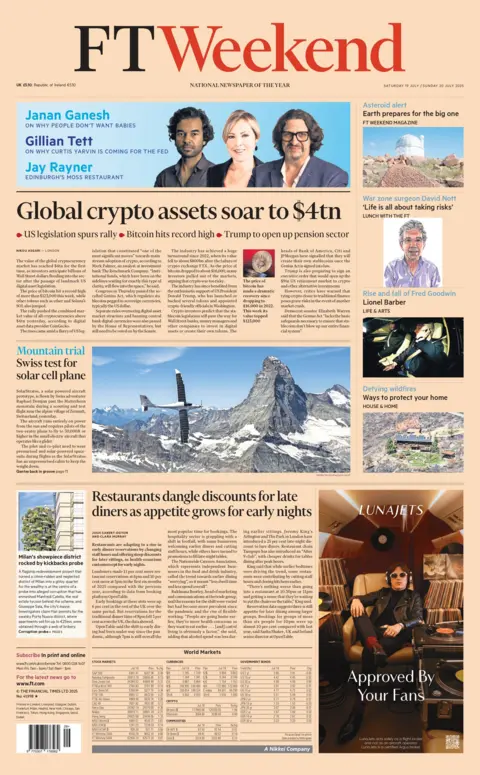 The front page headline of the Financial Times reads: "Global crypto assets soar to $4tn".