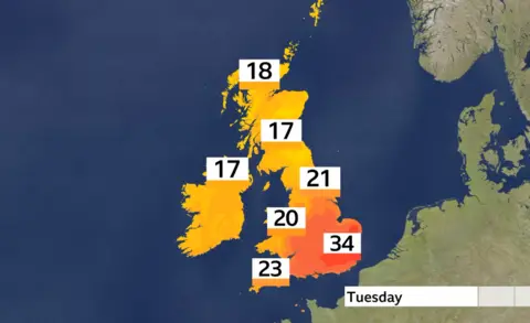 Heat continues in parts of England but temperatures cool elsewhere Map showing temperatures forecast across the UK on Tuesday. The highest temperature of 34C is forecast in south-east England, and the lowest temperatures of 17C are forecast in both Northern Ireland and Scotland.