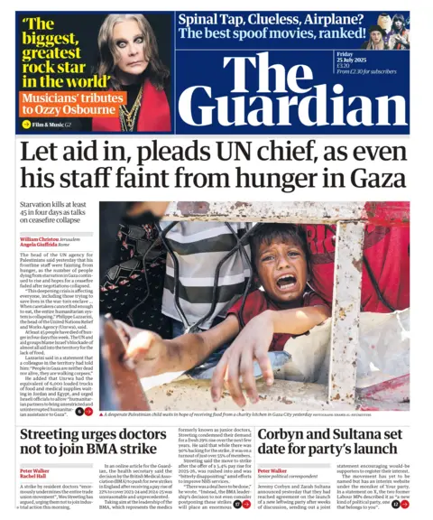 The headline on the front page of the Guardian reads: "Let aid in, pleads UN chief, as even his staff faint from hunger in Gaza". 