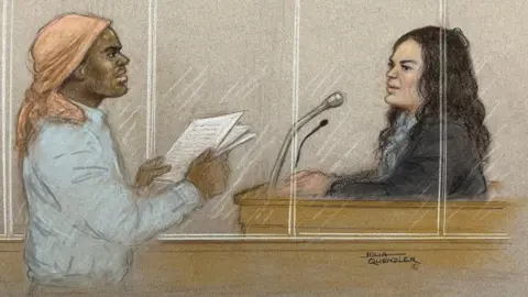I've never seen a case like Constance Marten and Mark Gordon's Julia Quenzler A court sketch showing Mark Gordon, who is wearing a shirt and peach-coloured headscarf while holding some papers, questioning Constance Marten, a woman with dark brown hair who is wearing a dark jumper and sitting in the witness box with microphones in front of her, from the glass dock.