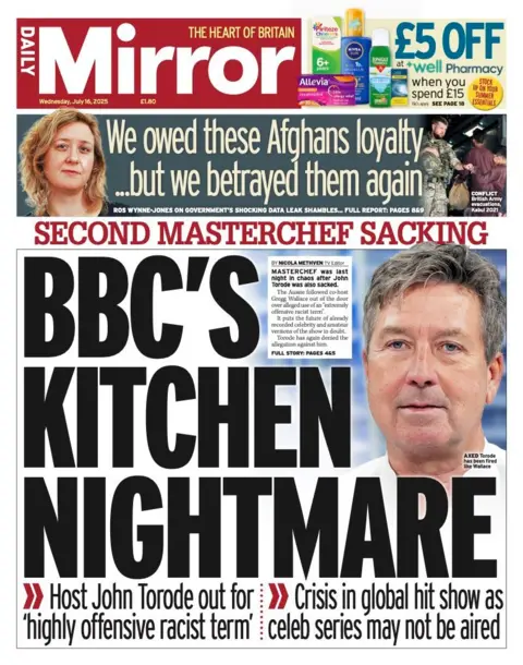 The headline on the front page of the Mirror reads: "BBC's kitchen nightmare"