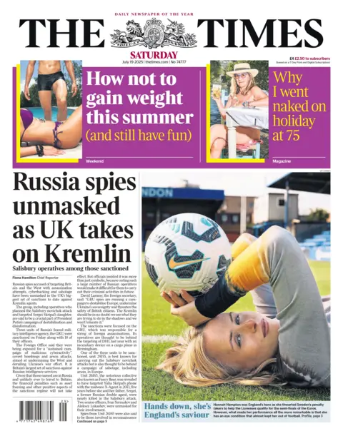 The front page headline of The Times reads: "Russia spies unmasked as UK takes on Kremlin".