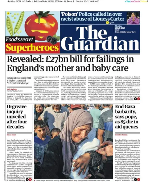 The headline on the front page of the Guardian reads: “Revealed: £27bn bill for failings in England's mother and baby care”