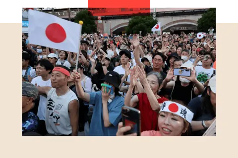 How Japan's far right was supercharged by Trump and tourists Getty Images Supporters of Sanseito hold a rally in 2025.