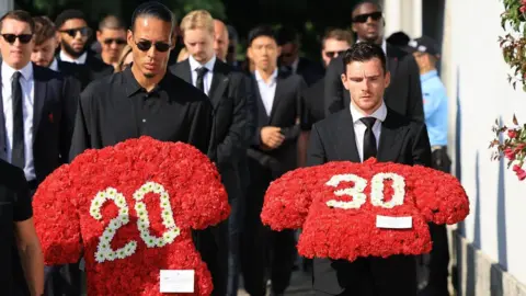 Diogo Jota and André Silva's funeral held in Portugal Reuters Liverpool players Virgil van Dijk (C) and Andy Robertson (R) carry floral tributes
